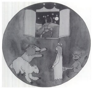 Ilustracija, ki prikazuje izkušnjo s psihedeličnimi gobami v kateri je morbidna in pravičniška religioznost, prikazana in zasmehovana kot lažna duhovnost, ki je netolerantna do drugih duhovnih poti in sovražna tako do človeškega telesa kot narave. Prikazuje praznovanje univerzalne, vse-uključujoče in na naravi orientirane duhovnosti. Moč in vitalnost tega pristopa do življenja simbolizira lev, ki se dviga iz ovce.